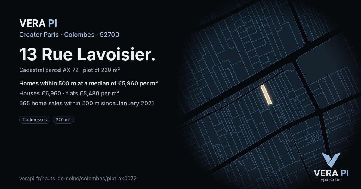 13 Rue Lavoisier, Colombes at night – the plot lit, the parcels around coloured by the prices near them