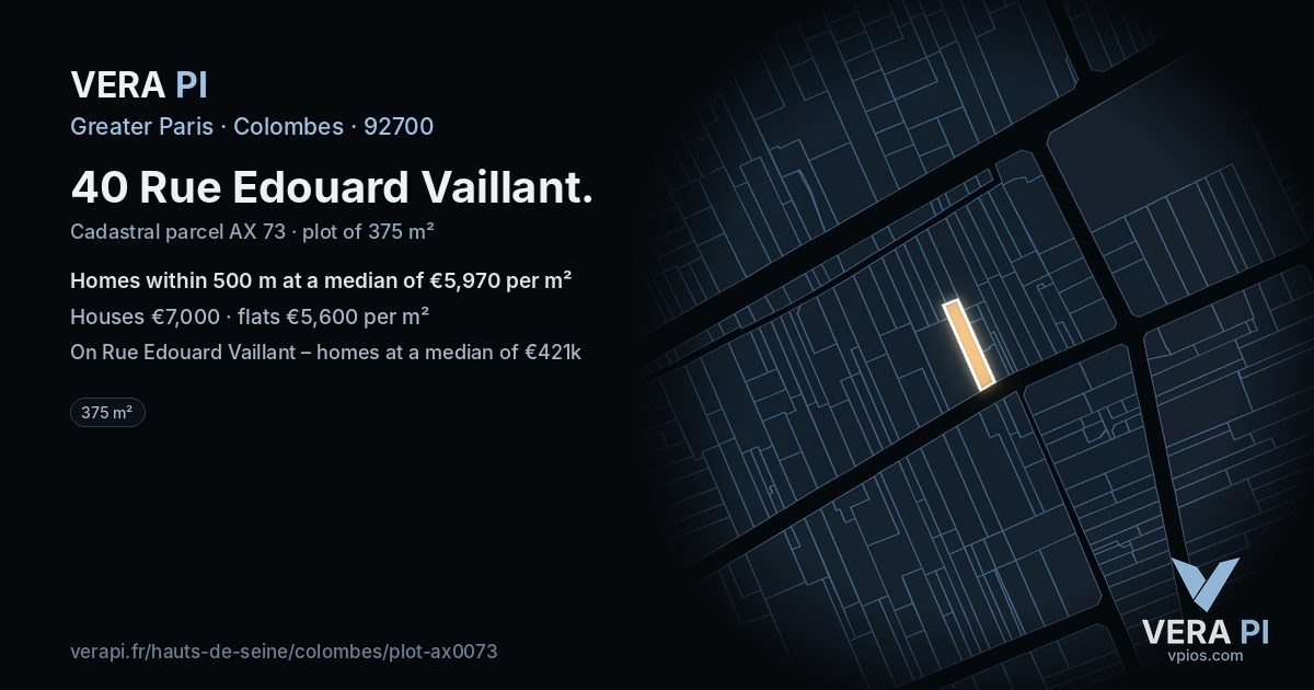 40 Rue Edouard Vaillant, Colombes at night – the plot lit, the parcels around coloured by the prices near them