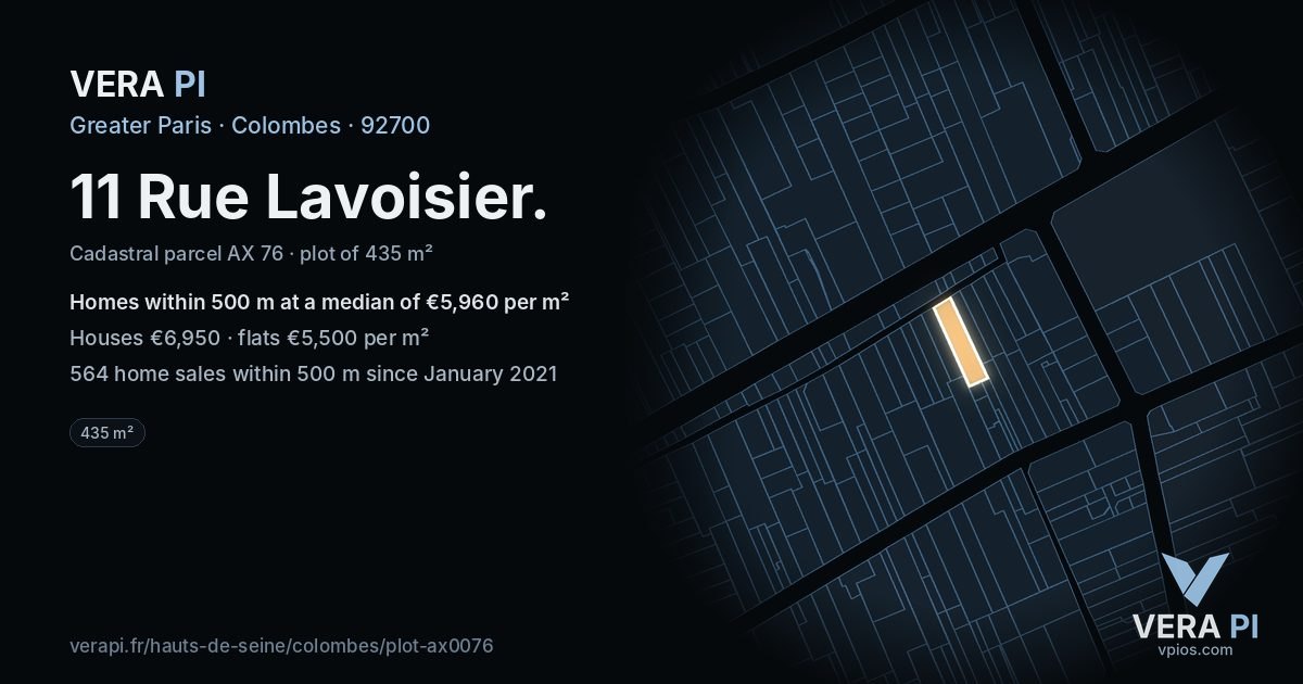 11 Rue Lavoisier, Colombes at night – the plot lit, the parcels around coloured by the prices near them