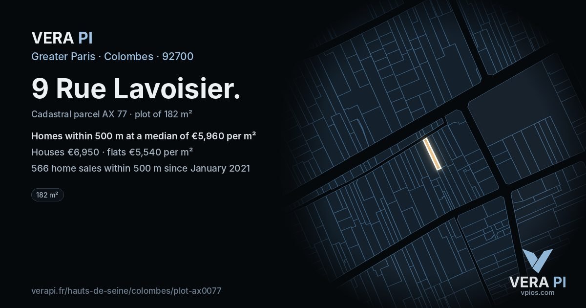 9 Rue Lavoisier, Colombes at night – the plot lit, the parcels around coloured by the prices near them