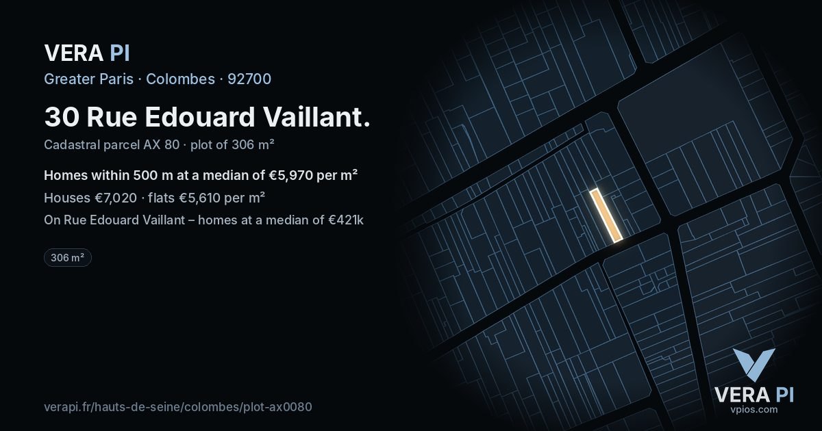30 Rue Edouard Vaillant, Colombes at night – the plot lit, the parcels around coloured by the prices near them