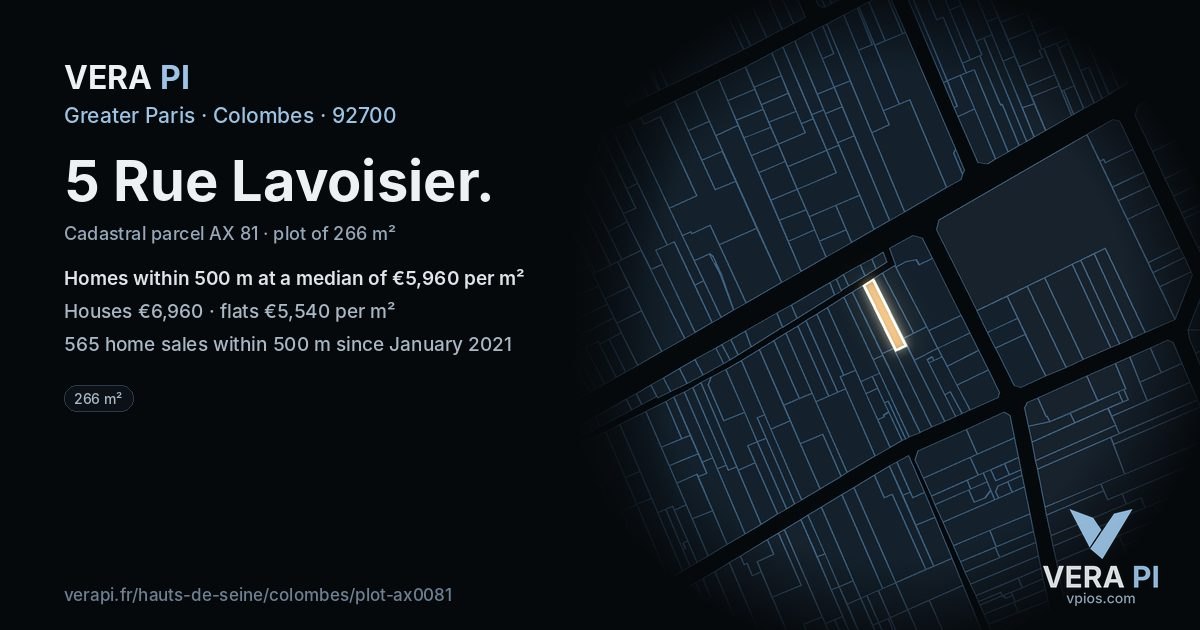5 Rue Lavoisier, Colombes at night – the plot lit, the parcels around coloured by the prices near them