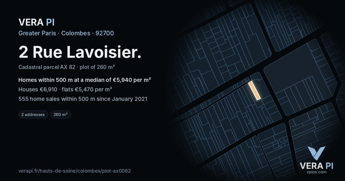 2 Rue Lavoisier, Colombes at night – the plot lit, the parcels around coloured by the prices near them