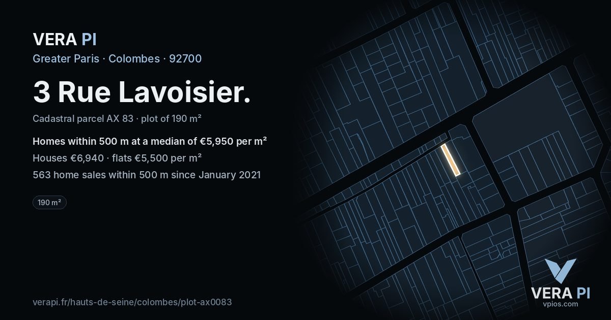 3 Rue Lavoisier, Colombes at night – the plot lit, the parcels around coloured by the prices near them