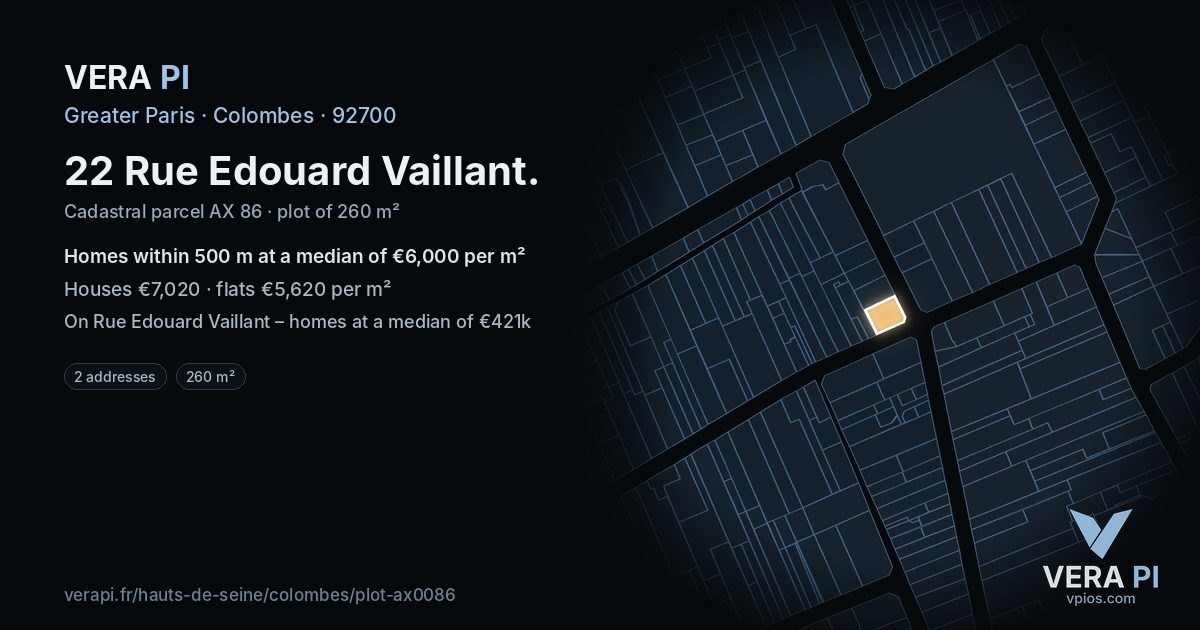 22 Rue Edouard Vaillant, Colombes at night – the plot lit, the parcels around coloured by the prices near them
