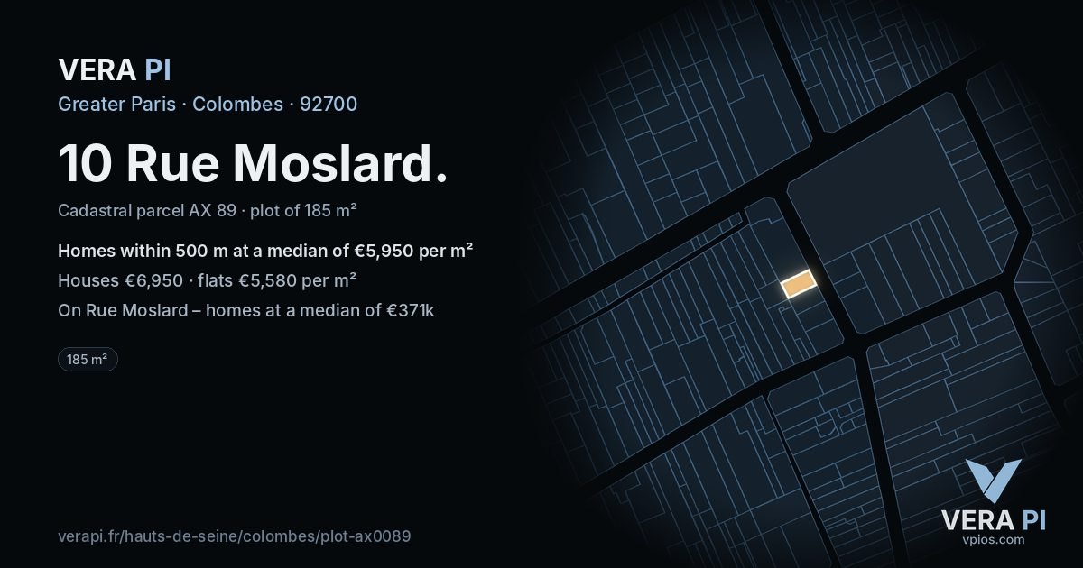 10 Rue Moslard, Colombes at night – the plot lit, the parcels around coloured by the prices near them