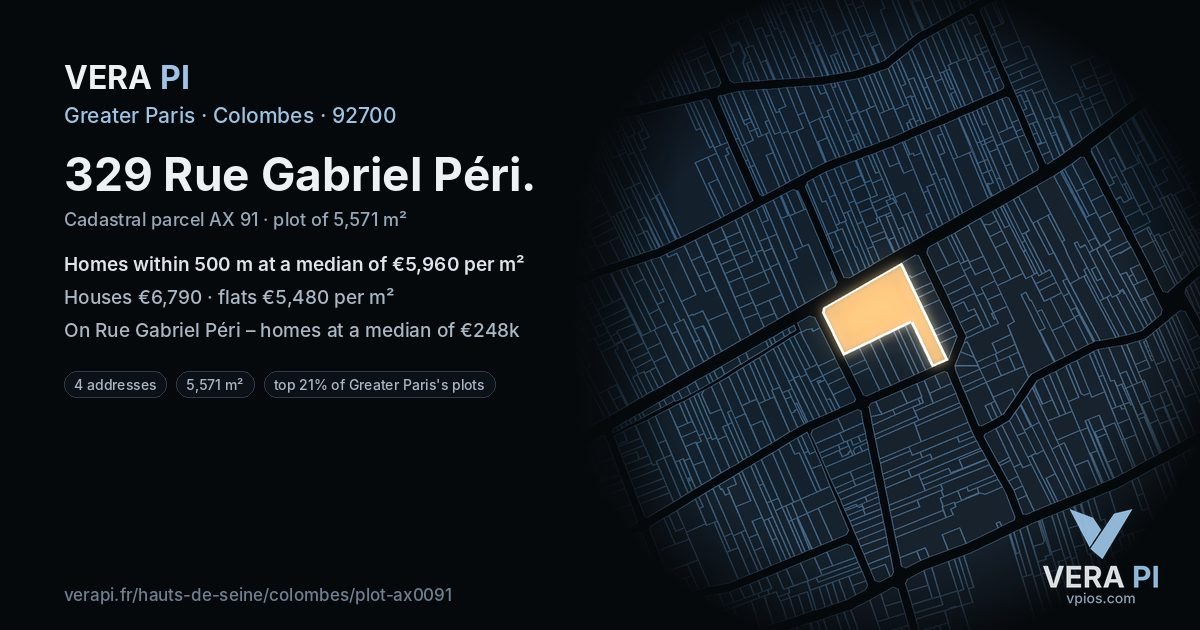 329 Rue Gabriel Péri, Colombes at night – the plot lit, the parcels around coloured by the prices near them