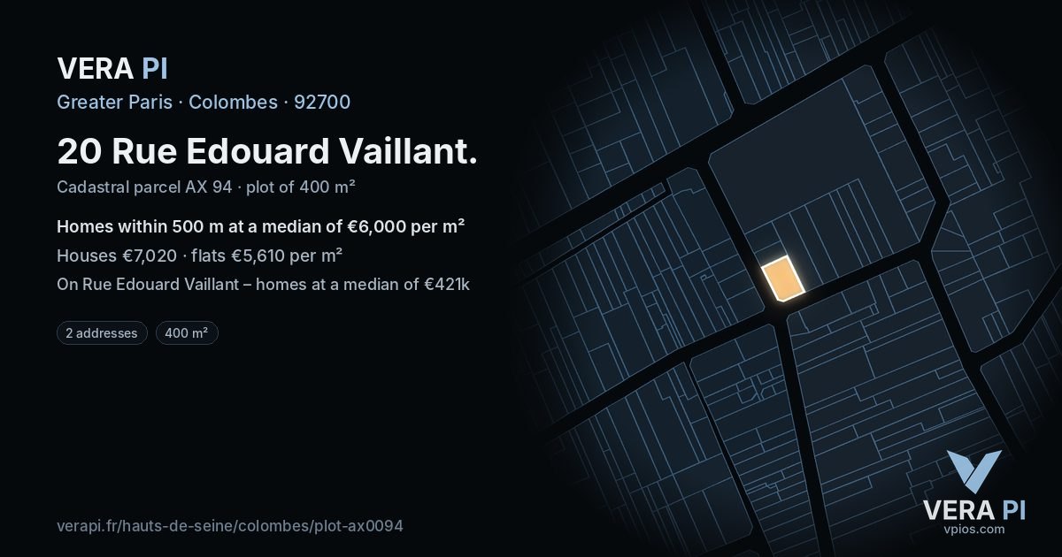 20 Rue Edouard Vaillant, Colombes at night – the plot lit, the parcels around coloured by the prices near them