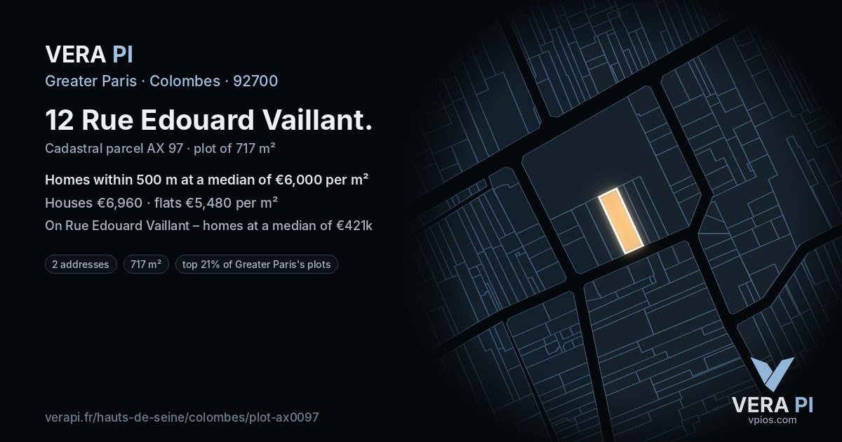 12 Rue Edouard Vaillant, Colombes at night – the plot lit, the parcels around coloured by the prices near them