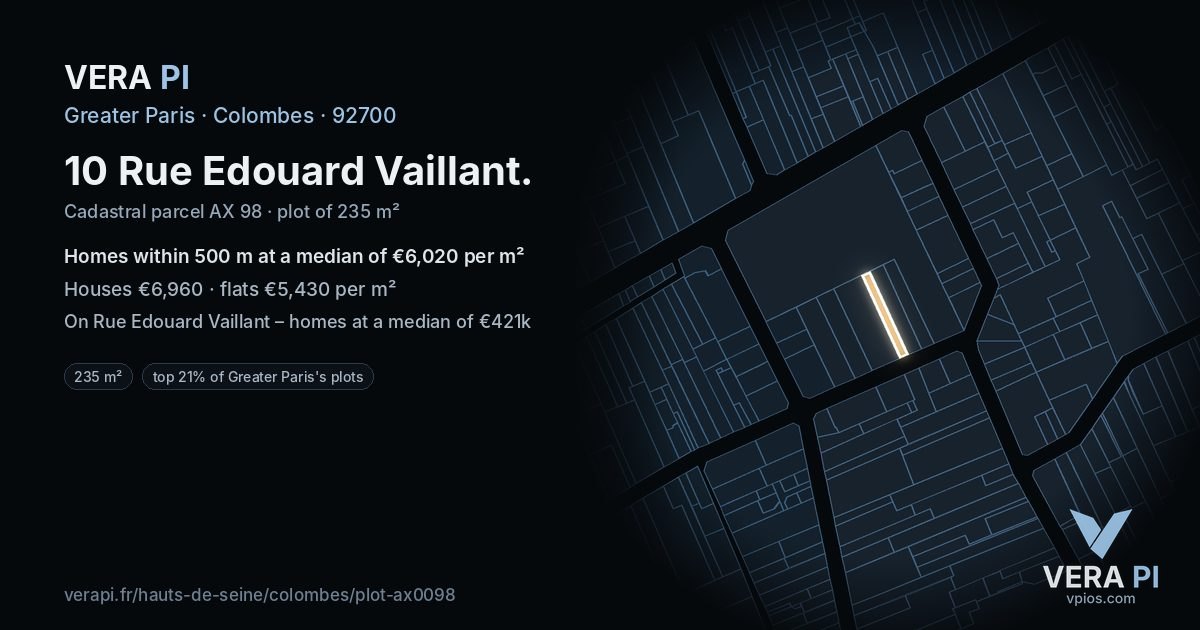 10 Rue Edouard Vaillant, Colombes at night – the plot lit, the parcels around coloured by the prices near them