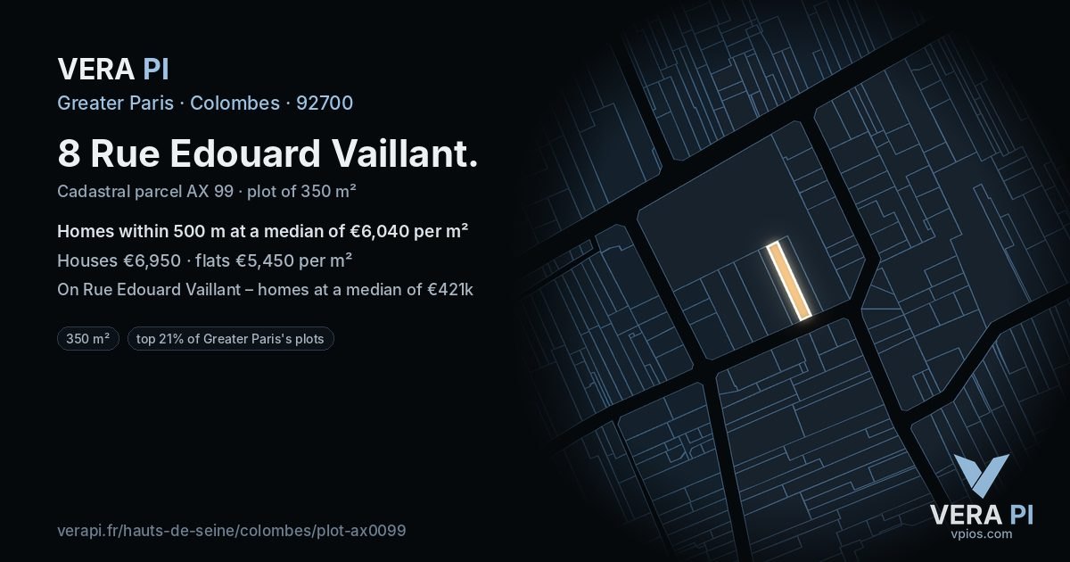 8 Rue Edouard Vaillant, Colombes at night – the plot lit, the parcels around coloured by the prices near them