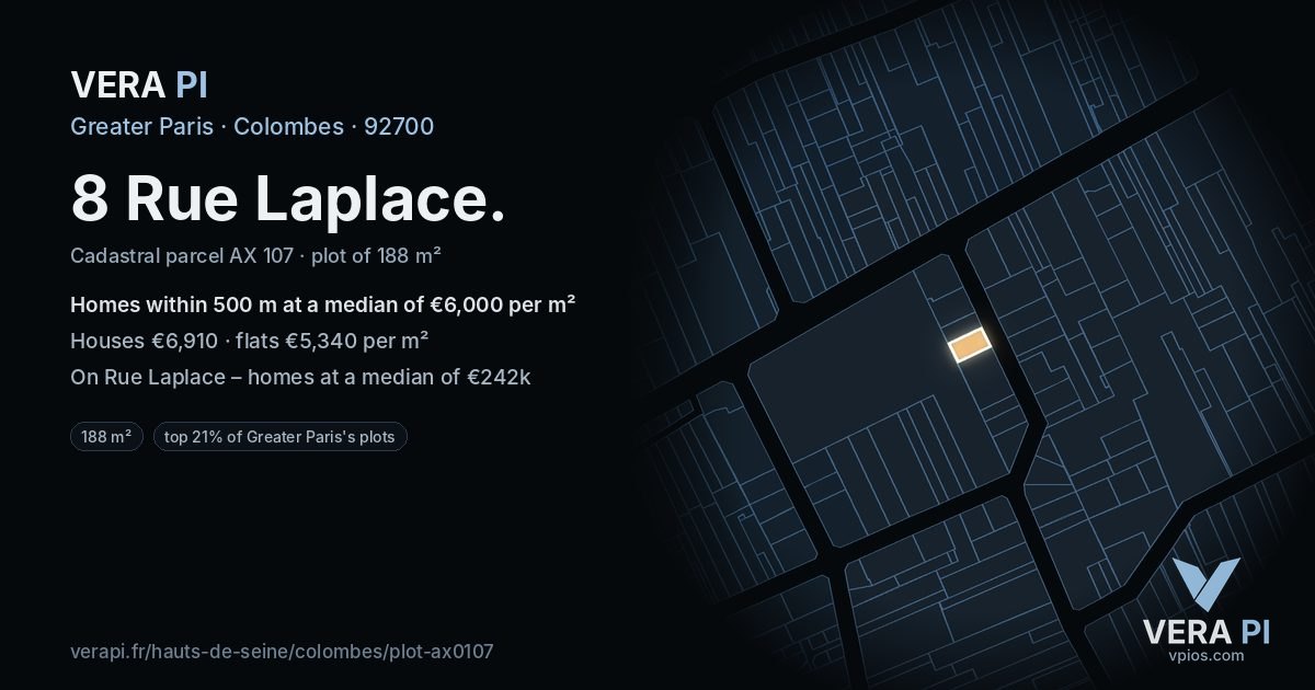 8 Rue Laplace, Colombes at night – the plot lit, the parcels around coloured by the prices near them