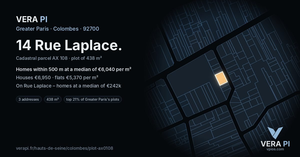 14 Rue Laplace, Colombes at night – the plot lit, the parcels around coloured by the prices near them