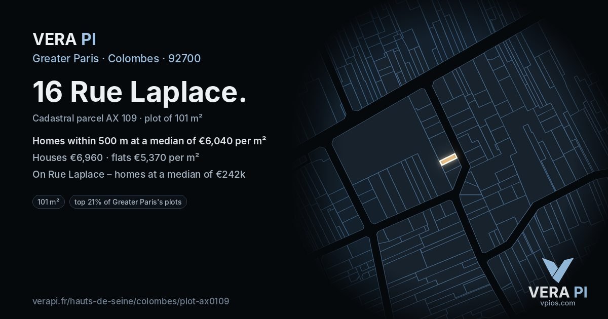 16 Rue Laplace, Colombes at night – the plot lit, the parcels around coloured by the prices near them