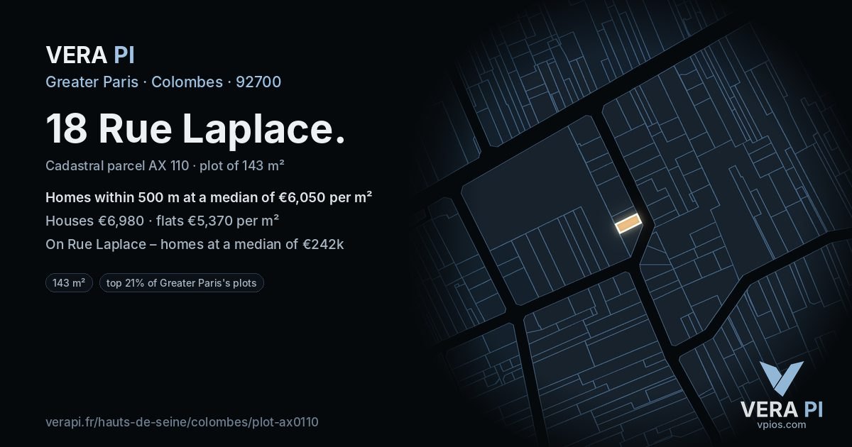 18 Rue Laplace, Colombes at night – the plot lit, the parcels around coloured by the prices near them