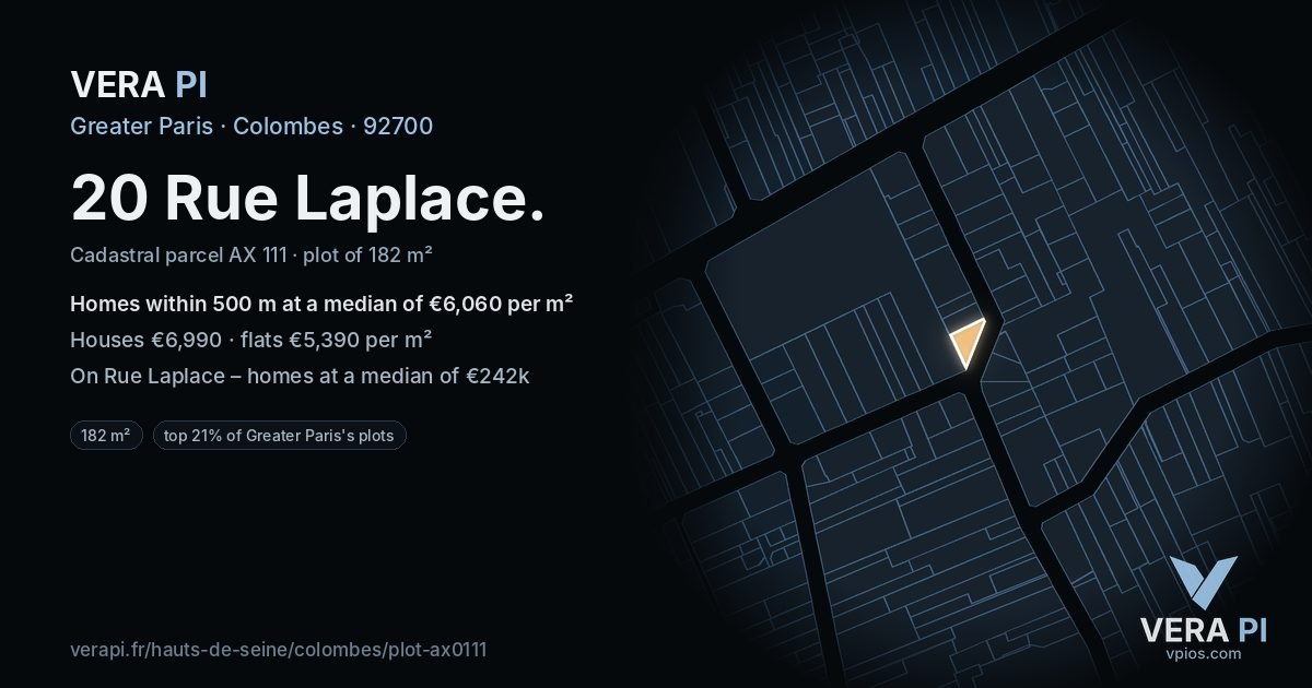 20 Rue Laplace, Colombes at night – the plot lit, the parcels around coloured by the prices near them