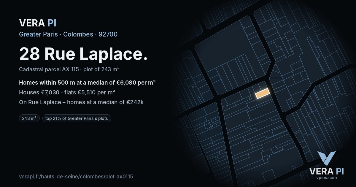 28 Rue Laplace, Colombes at night – the plot lit, the parcels around coloured by the prices near them