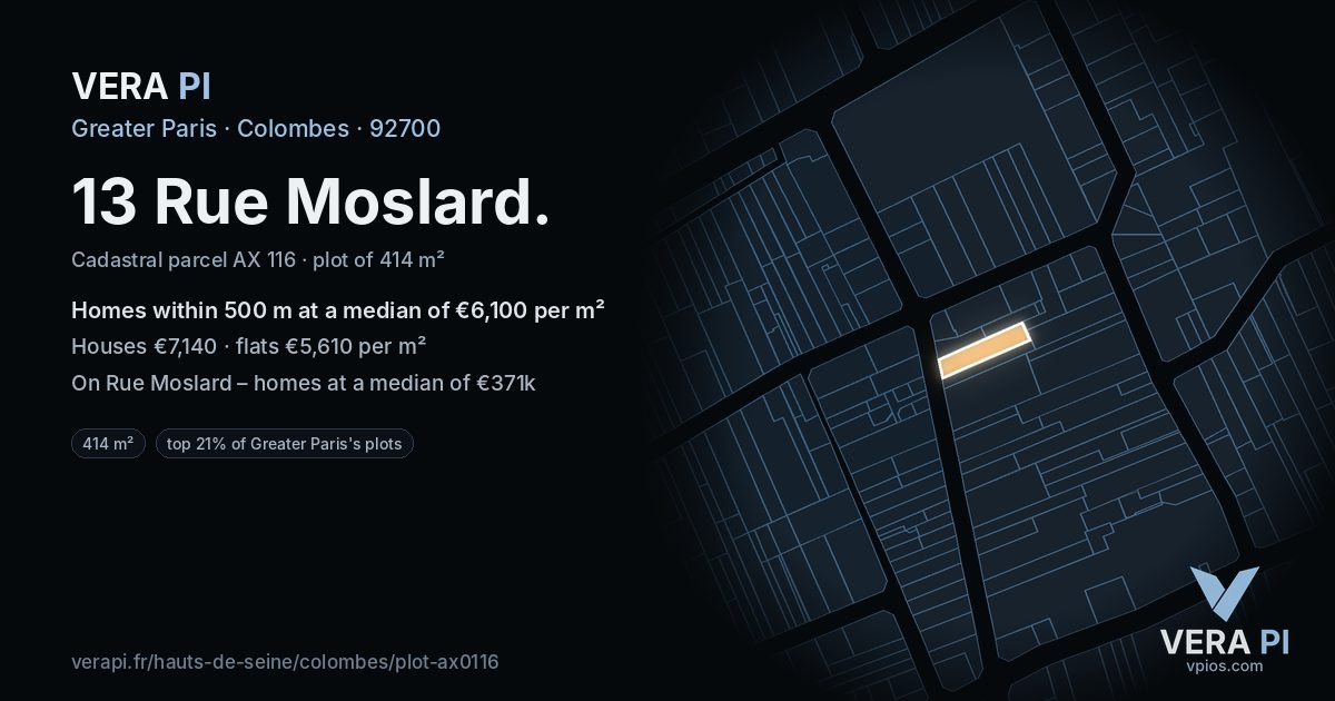 13 Rue Moslard, Colombes at night – the plot lit, the parcels around coloured by the prices near them