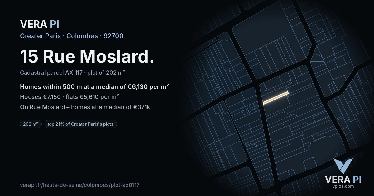 15 Rue Moslard, Colombes at night – the plot lit, the parcels around coloured by the prices near them