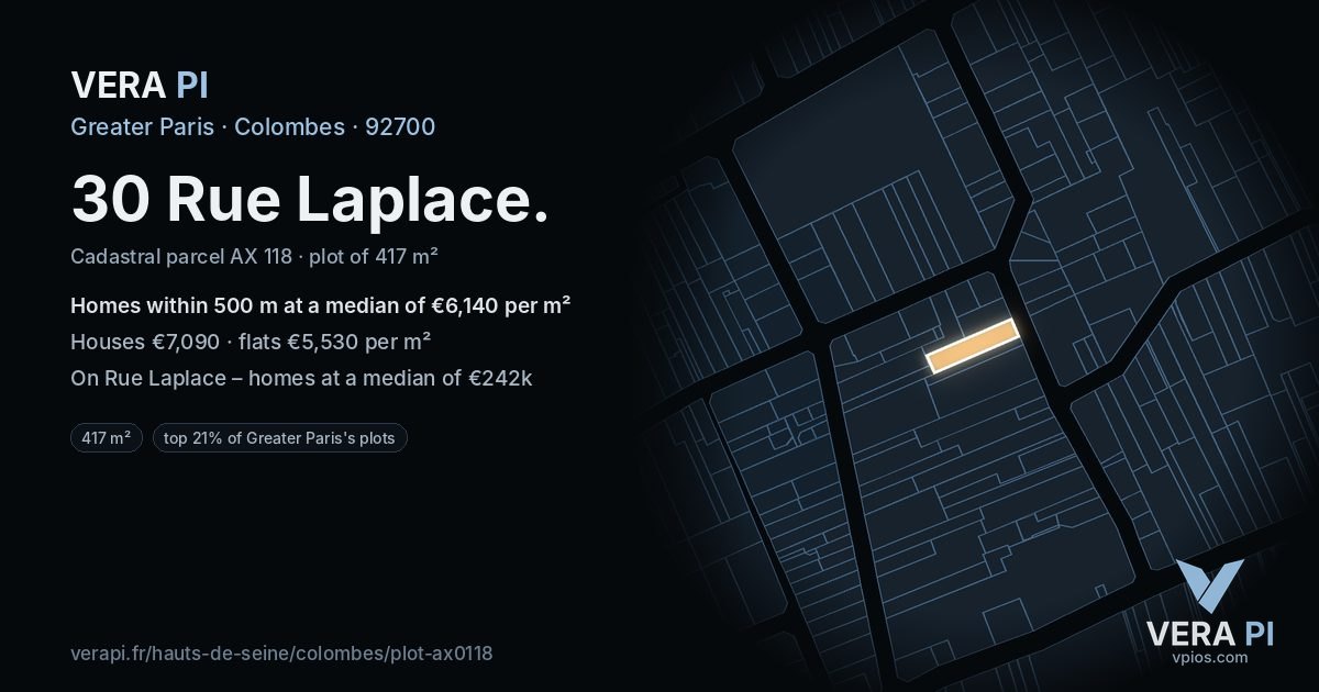 30 Rue Laplace, Colombes at night – the plot lit, the parcels around coloured by the prices near them