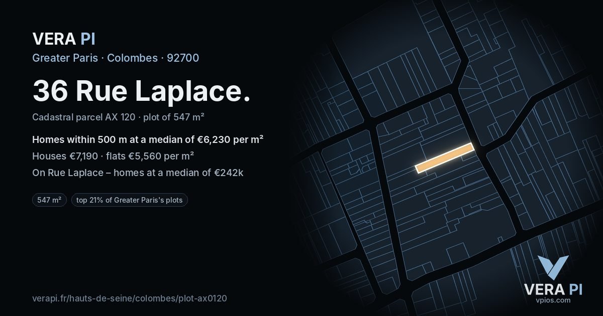36 Rue Laplace, Colombes at night – the plot lit, the parcels around coloured by the prices near them