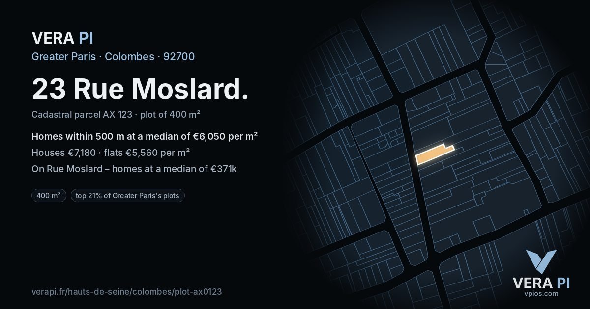 23 Rue Moslard, Colombes at night – the plot lit, the parcels around coloured by the prices near them