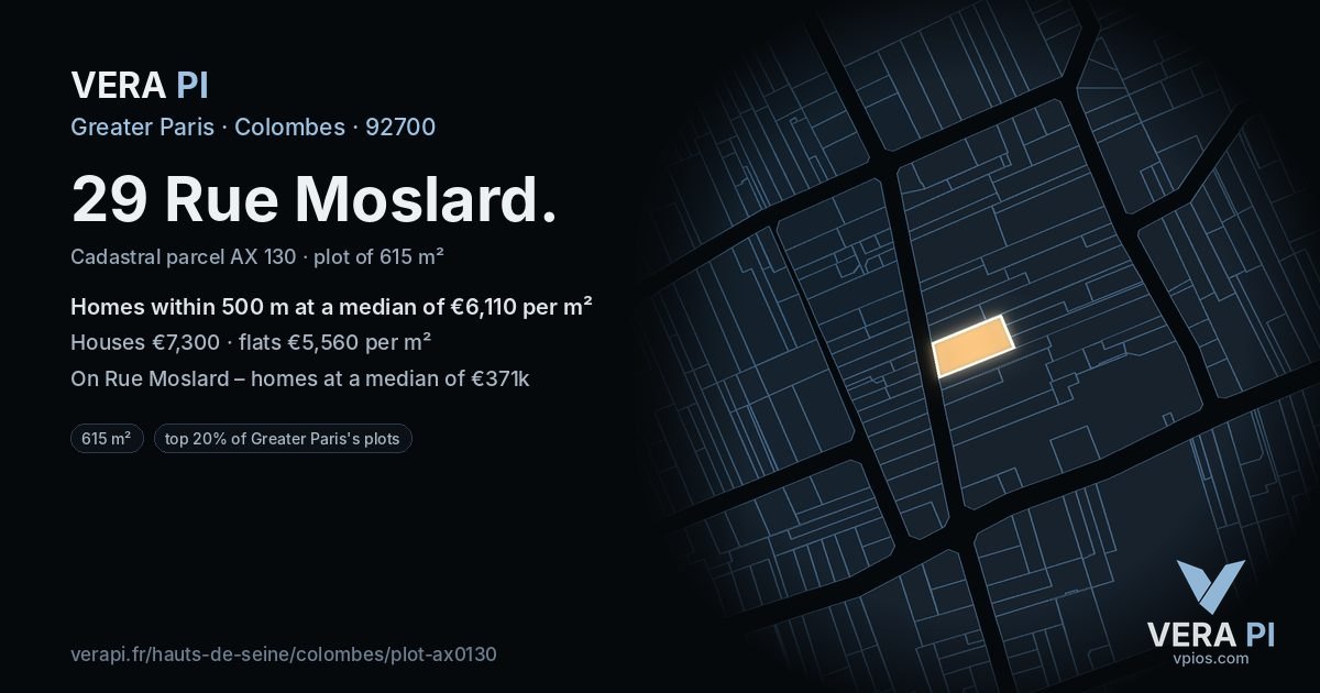 29 Rue Moslard, Colombes at night – the plot lit, the parcels around coloured by the prices near them