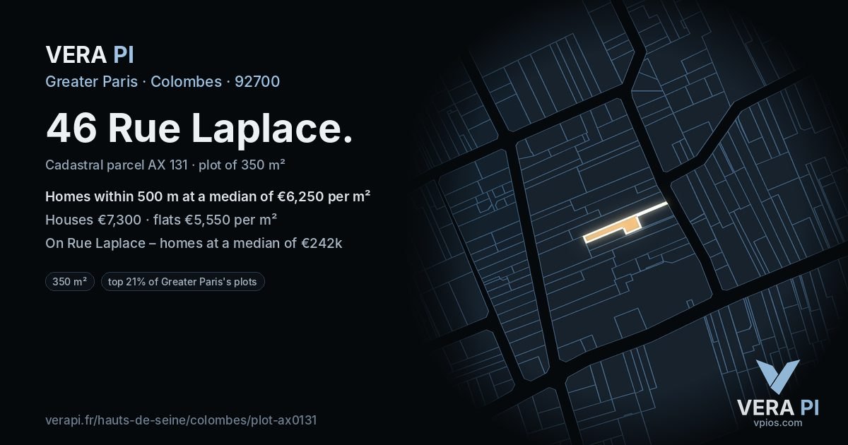 46 Rue Laplace, Colombes at night – the plot lit, the parcels around coloured by the prices near them
