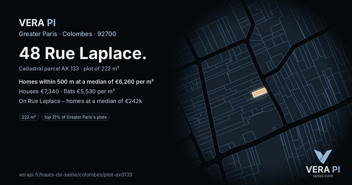 48 Rue Laplace, Colombes at night – the plot lit, the parcels around coloured by the prices near them