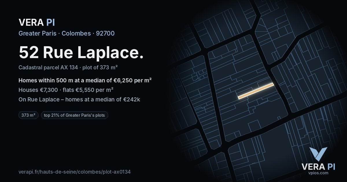 52 Rue Laplace, Colombes at night – the plot lit, the parcels around coloured by the prices near them
