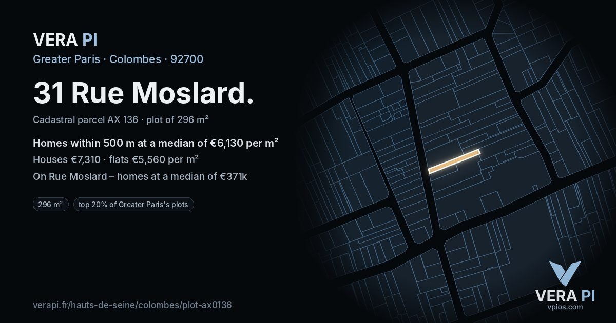 31 Rue Moslard, Colombes at night – the plot lit, the parcels around coloured by the prices near them