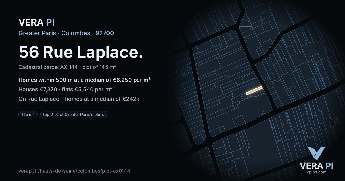 56 Rue Laplace, Colombes at night – the plot lit, the parcels around coloured by the prices near them