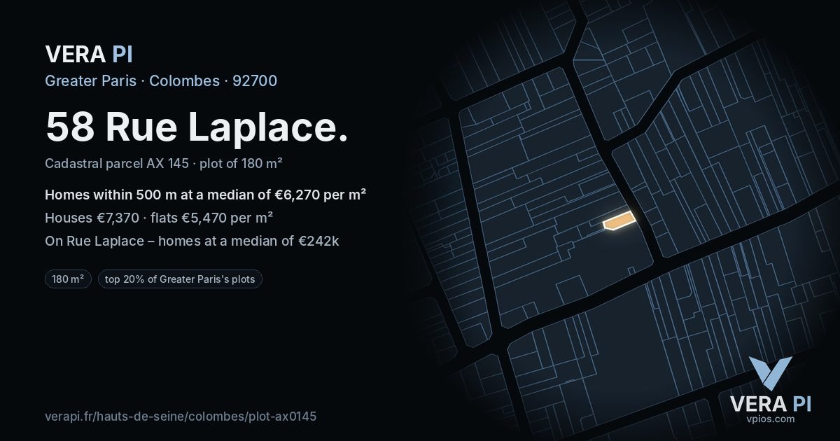 58 Rue Laplace, Colombes at night – the plot lit, the parcels around coloured by the prices near them