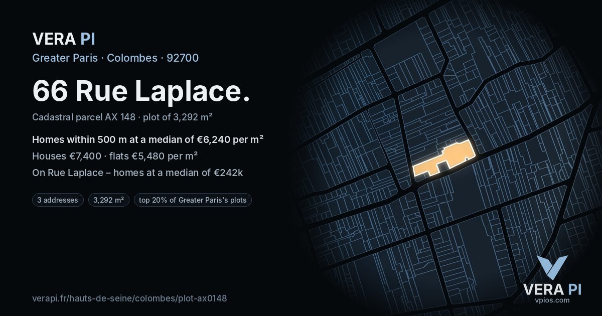 66 Rue Laplace, Colombes at night – the plot lit, the parcels around coloured by the prices near them