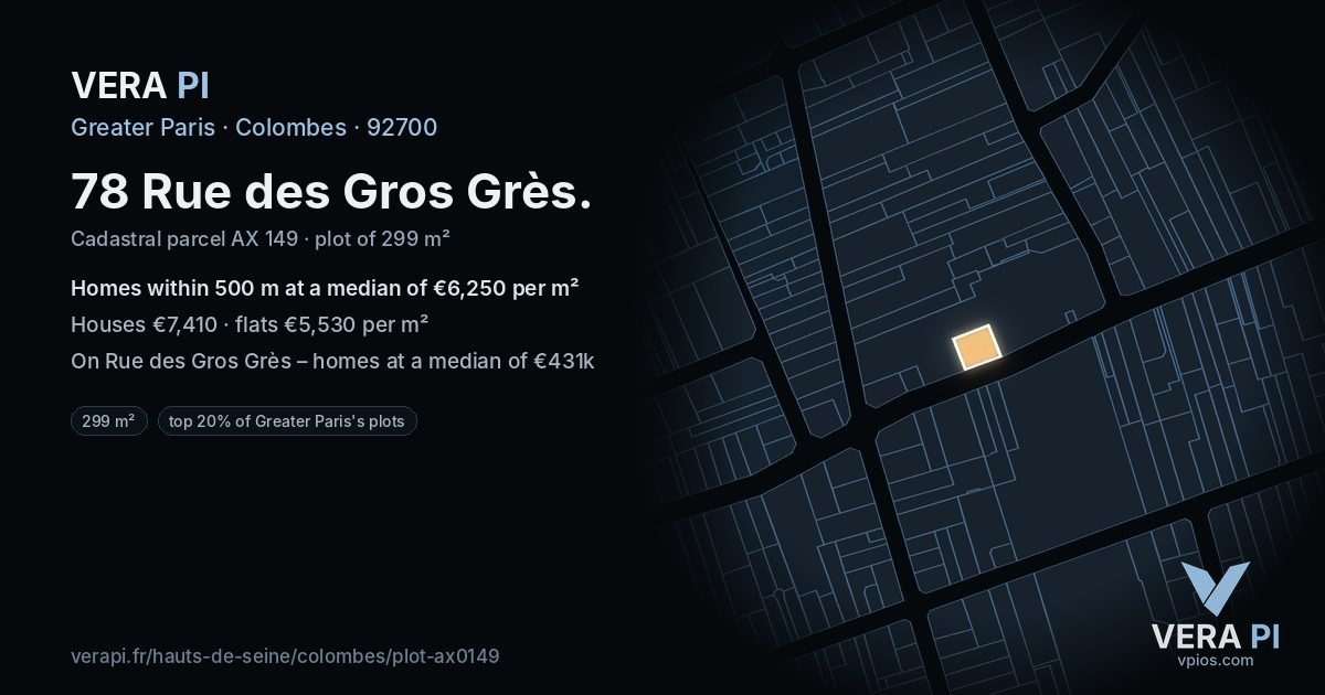 78 Rue des Gros Grès, Colombes at night – the plot lit, the parcels around coloured by the prices near them