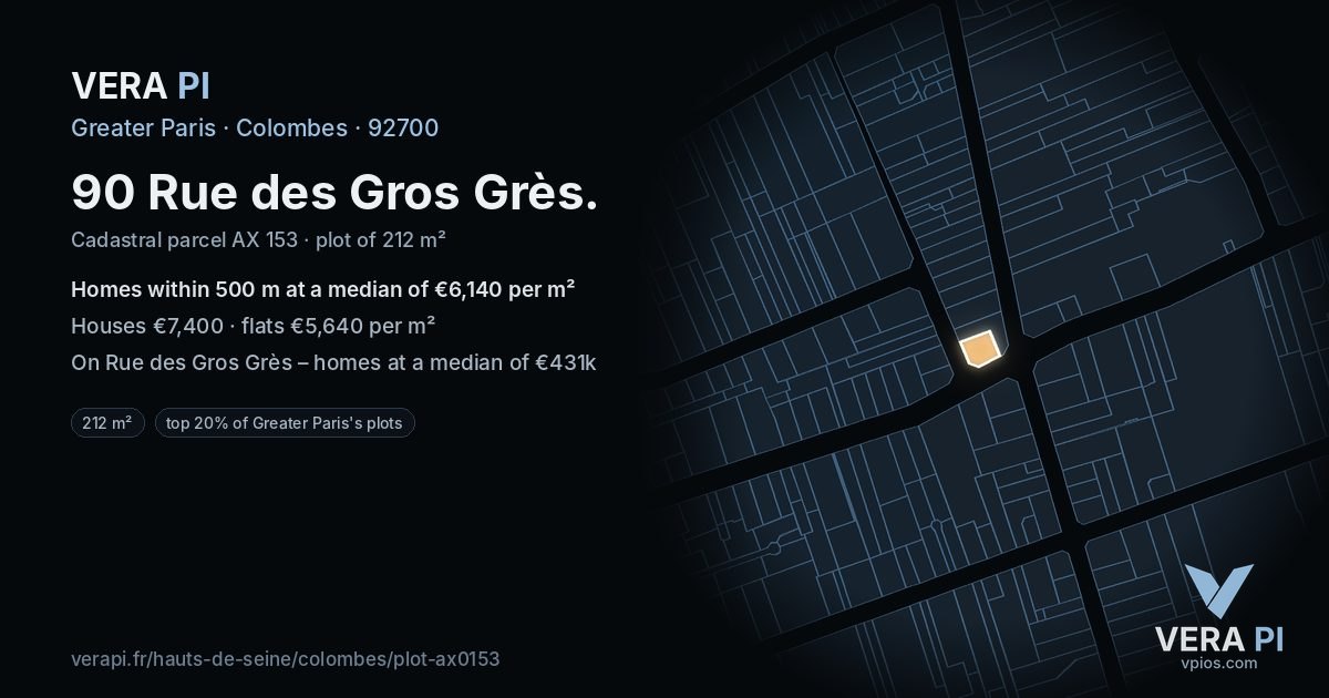 90 Rue des Gros Grès, Colombes at night – the plot lit, the parcels around coloured by the prices near them