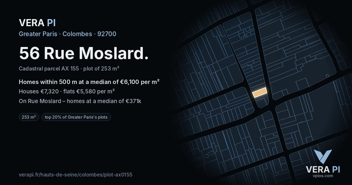 56 Rue Moslard, Colombes at night – the plot lit, the parcels around coloured by the prices near them