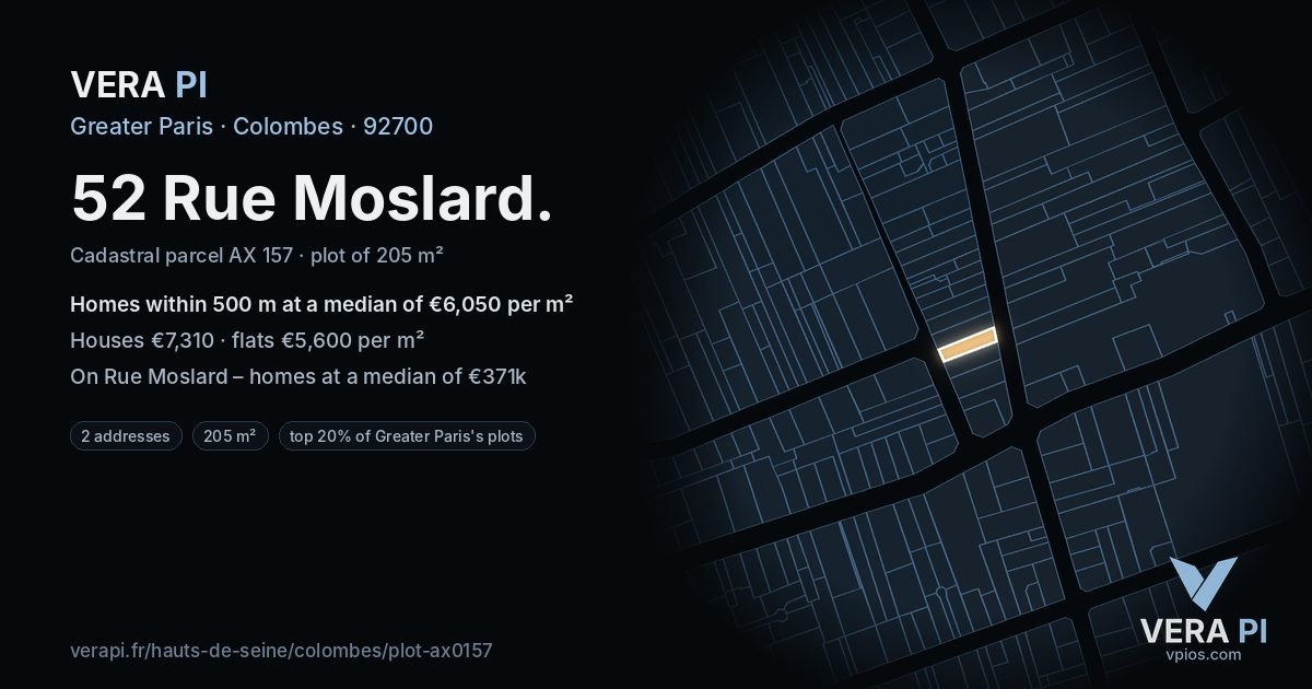 52 Rue Moslard, Colombes at night – the plot lit, the parcels around coloured by the prices near them