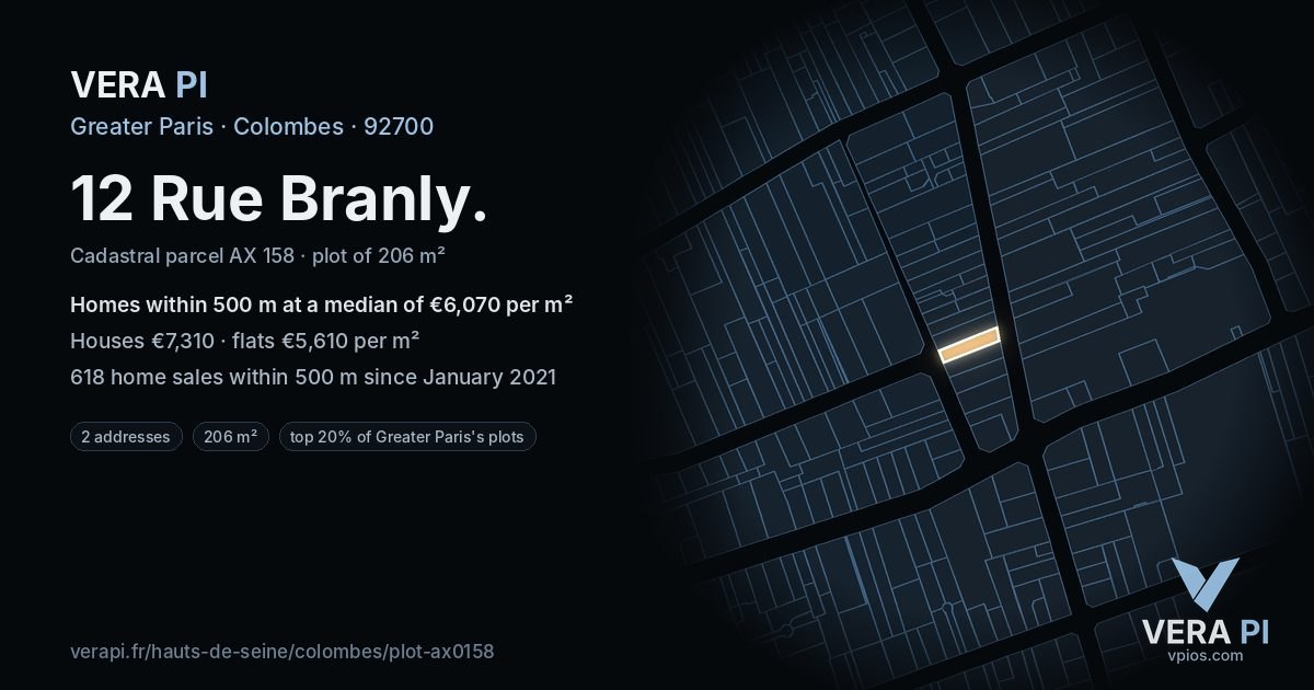 12 Rue Branly, Colombes at night – the plot lit, the parcels around coloured by the prices near them