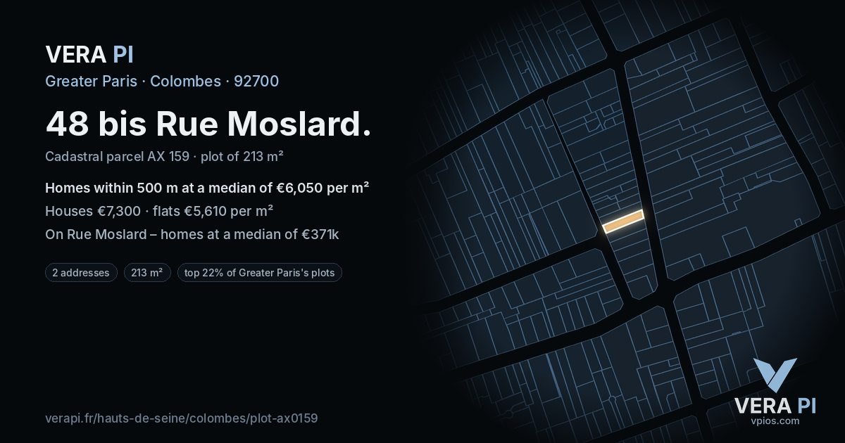 48 bis Rue Moslard, Colombes at night – the plot lit, the parcels around coloured by the prices near them
