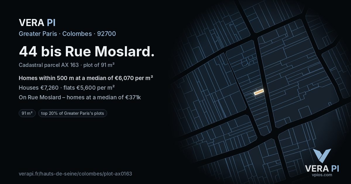 44 bis Rue Moslard, Colombes at night – the plot lit, the parcels around coloured by the prices near them