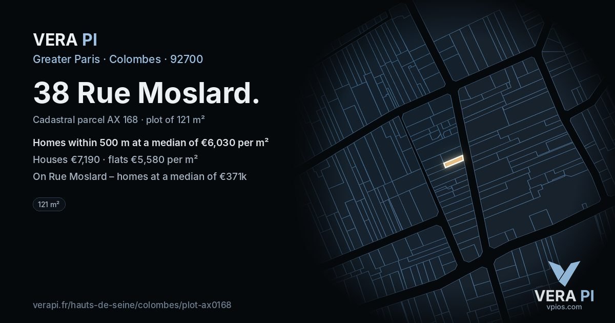 38 Rue Moslard, Colombes at night – the plot lit, the parcels around coloured by the prices near them