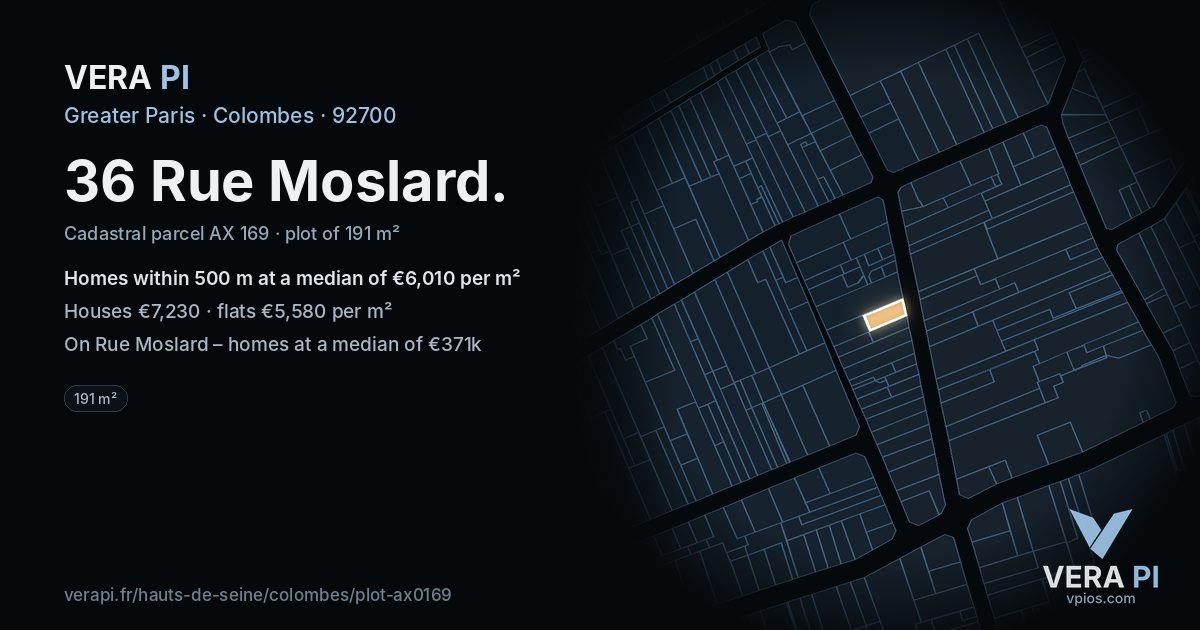 36 Rue Moslard, Colombes at night – the plot lit, the parcels around coloured by the prices near them