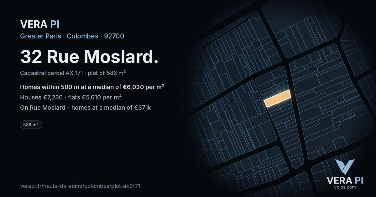 32 Rue Moslard, Colombes at night – the plot lit, the parcels around coloured by the prices near them