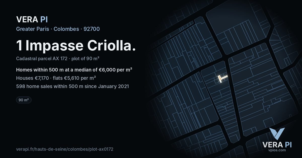 1 Impasse Criolla, Colombes at night – the plot lit, the parcels around coloured by the prices near them
