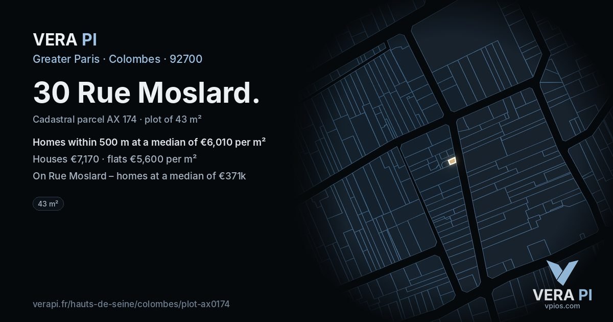 30 Rue Moslard, Colombes at night – the plot lit, the parcels around coloured by the prices near them