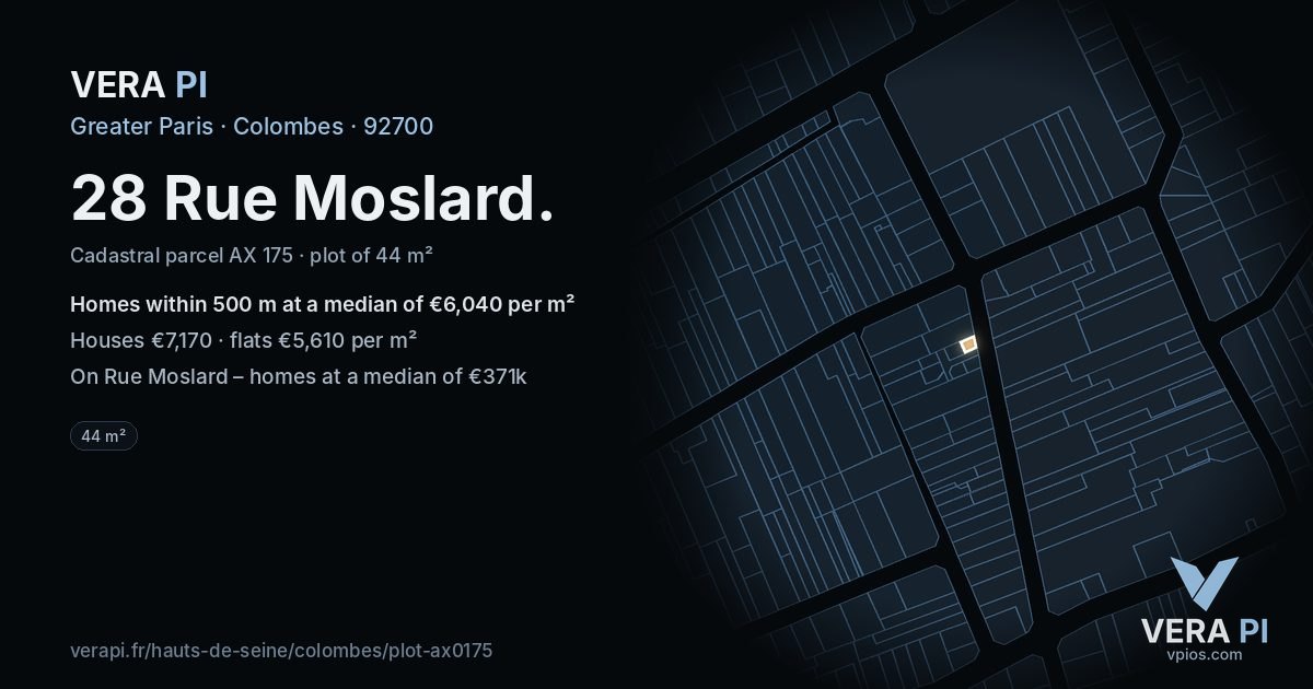 28 Rue Moslard, Colombes at night – the plot lit, the parcels around coloured by the prices near them