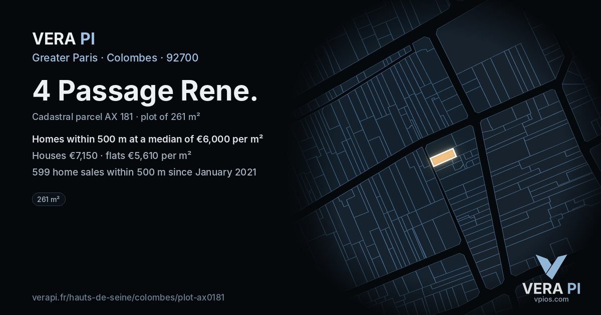 4 Passage Rene, Colombes at night – the plot lit, the parcels around coloured by the prices near them