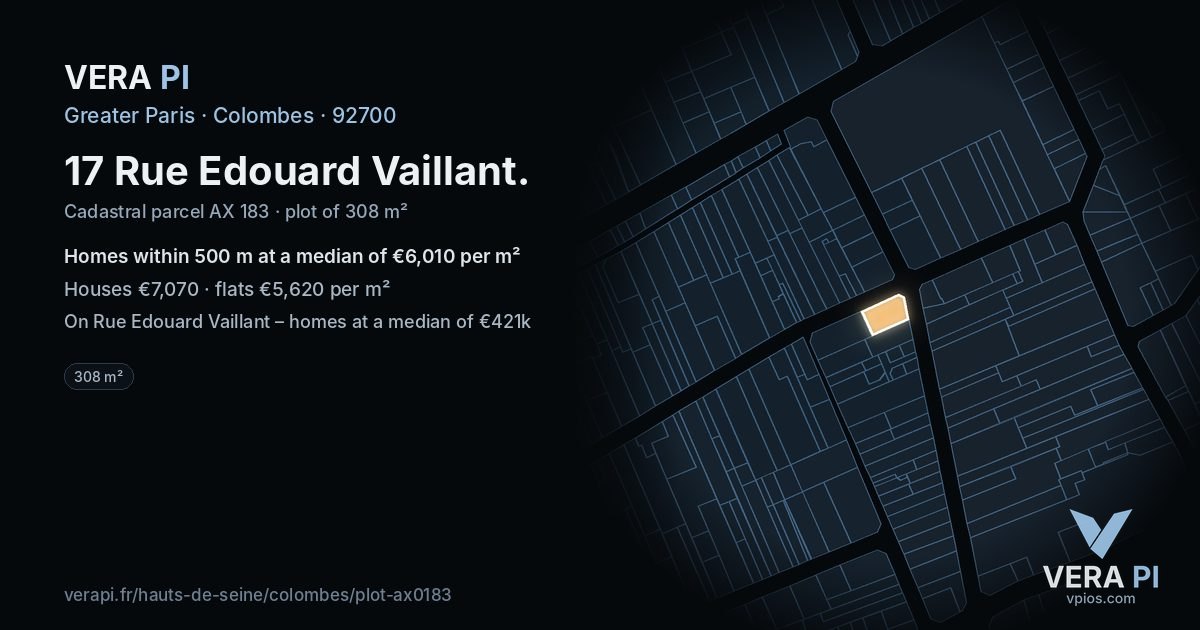 17 Rue Edouard Vaillant, Colombes at night – the plot lit, the parcels around coloured by the prices near them