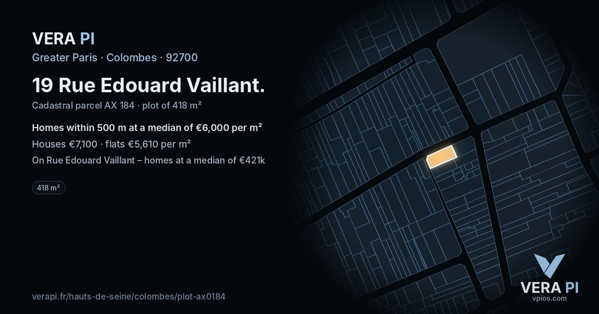 19 Rue Edouard Vaillant, Colombes at night – the plot lit, the parcels around coloured by the prices near them